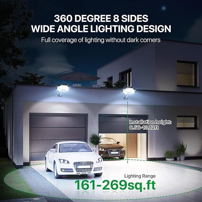 Kifflux Solar Lights Outdoor Waterproof, 8 Sides Solar Street Lights Outdoor Dusk to Dawn, 168LED Powered Flood Light with Motion Sensor, IP66 Waterproof Security Light for Outside Parking lot, 2 Pack