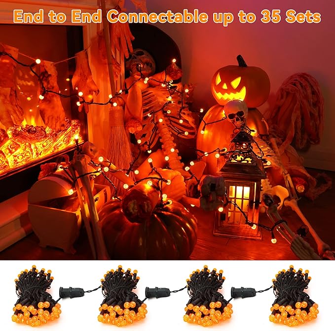 Brizled Orange Halloween Lights, 24.67ft 70 LED G12 Outdoor String Lights, 120V UL Listed Connectable for Tree, Party, Room Decor