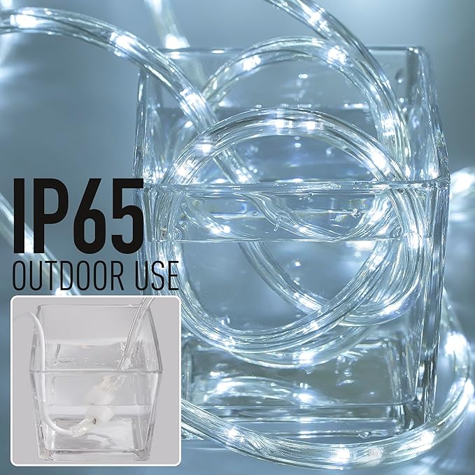 Waterproof LED Rope Lights, Connectable & Flexible with 8 Modes, Outdoor Lighting for Deck, Garden, Pool, Patio & Christmas Decor (White, 20ft)