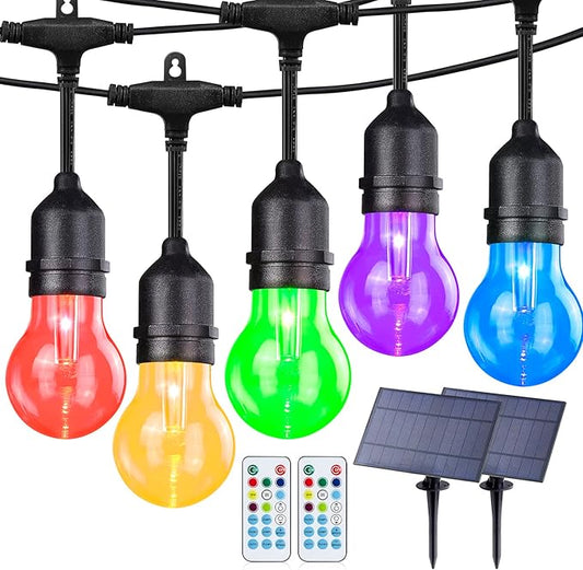 Solar Outdoor RGB String Lights, 96FT Dimmable Patio String Lights with Shatterproof Edison Bulbs, Remote, Commercial Outdoor Color Changing Lights for Cafe,Yard, Party
