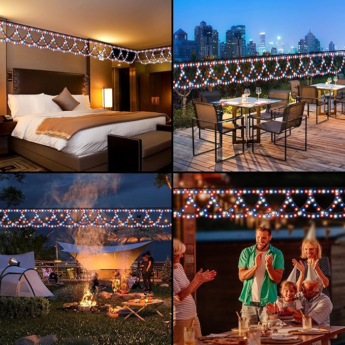 KAZOKU 4th of July Outdoor String Lights 40FT 380LED Waterpoof Red White Blue Semicircle String Lights 8 Lighting Modes Mermory Timer Function Decorations for Independence Day Yard Garden Home Decor
