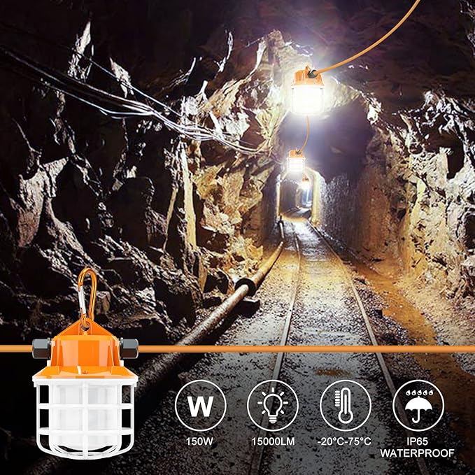 NS 100FT Construction String Lights 150W LED Industrial Grade 15000LM 5000K IP65 Linkable for Construction Sites, Temporary Work, Renovation, Jobsite,All Outdoor Lighting, with 10 Bulbs and Hook