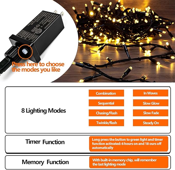 33 FT 100 LED Christmas String Lights Indoor Outdoor, Memory Function & Timer & 8 Modes, UL Certified, Linkable Green Wire Waterproof Twinkle Light for Christmas Tree Party Garden Decor (Warm White)
