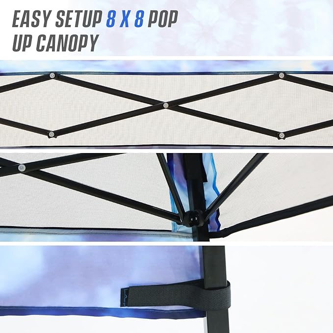 EAGLE PEAK 8x8 Pop Up Canopy Tent with Sidewall, Compact, Portable Slant Leg Instant Sun Shelter for Beach, Sports, & Camping, 8x8 Base 6x6 Top, Tie Dye Blue