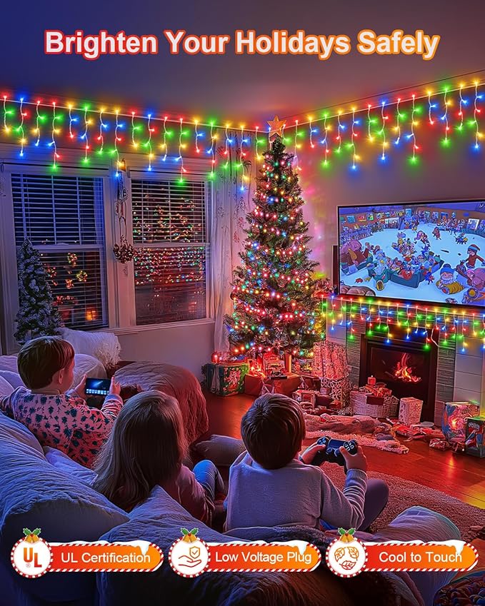 159 FT Christmas Lights Outdoor, 1458 LED Waterproof Outside Christmas Lights Plug in, Timer & Memory, 8 Modes Fairy Lights with 324 Drops for House Eaves Yard Patio Decorations, Multicolor