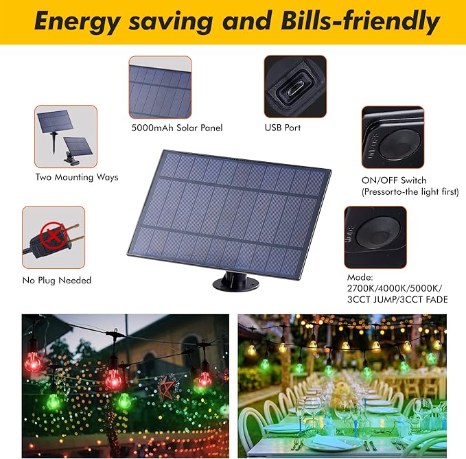 Solar Outdoor RGB String Lights, 48FT Dimmable Patio String Lights with Shatterproof Bulbs, Commercial Lights for Party