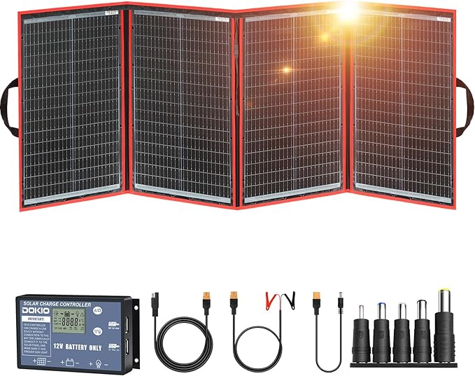 DOKIO 200W Portable Foldable Solar Panel Kit (29x21in, 11.7lb), with Separate Controller and Dual USB, Monocrystalline Charger for 12V Batteries & Power Stations, RV Camping Trailer Emergency Backup
