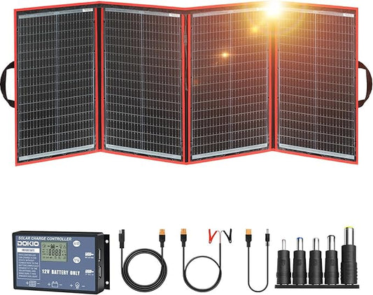 DOKIO 200W Portable Foldable Solar Panel Kit (29x21in, 11.7lb), with Separate Controller and Dual USB, Monocrystalline Charger for 12V Batteries & Power Stations, RV Camping Trailer Emergency Backup