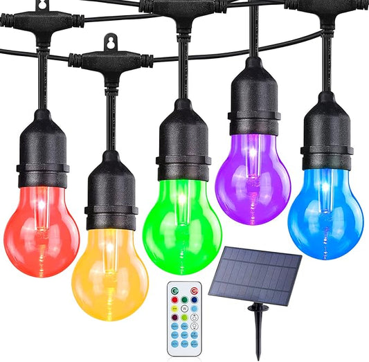 Solar Outdoor RGB String Lights, 48FT Dimmable Patio String Lights with Shatterproof Bulbs, Commercial Lights for Party