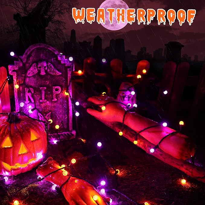 Brizled Purple Orange Halloween Lights, 24.67ft 70 LED G12 Halloween String Lights Outdoor, 120V Plugin Purple Orange Lights Connectable Halloween Light Set for Halloween Tree Outdoor Indoor Decor
