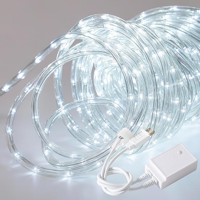 Waterproof LED Rope Lights, Connectable & Flexible with 8 Modes, Outdoor Lighting for Deck, Garden, Pool, Patio & Christmas Decor (White, 50ft)