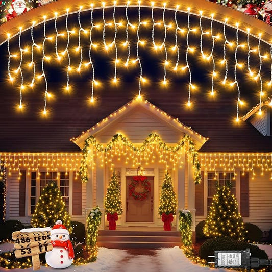 2 Pack 53FT 486 LED Christmas Lights Outdoor, Plug in Waterproof Christmas Lights for Outside, Timer & Memory, 8 Modes Hanging Fairy Light for House Eaves Yard Patio Wedding Decorations, Warm White