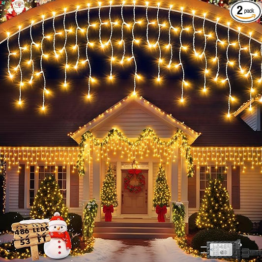 Christmas Lights Outdoor, 53 FT 486 LED Christmas Light for Outside, Timer & Memory, Plug in 8 Modes Hanging Fairy Light with 108 Drops for House Eaves Yard Patio Holidays Decorations, Warm White