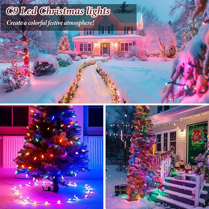 Kawaya Outdoor Christmas LED Multi-Colored Clear Tree Lights - C9 50ft, 50 Bulbs Waterproof Decor for Outside Trees, House, Walkway & Pathways