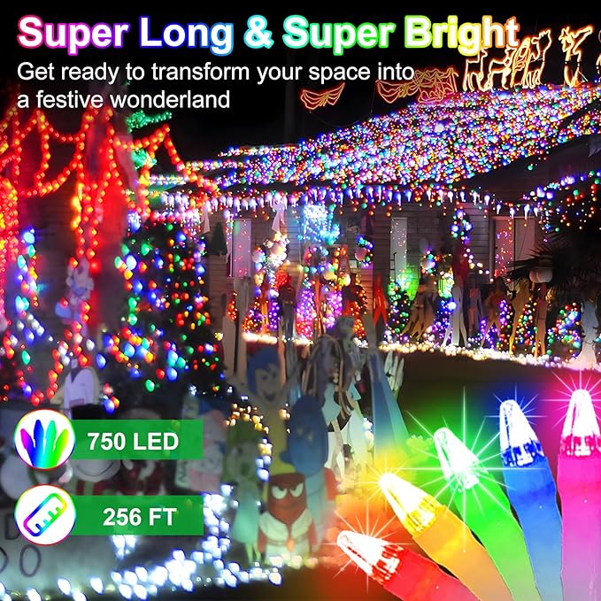 750 LED 256FT Christmas String Lights Outdoor, Christmas Light with 8 Lighting Modes& Timer & Memory, Plug in Outdoor Waterproof Clear Wire Twinkle Light for for Xmas Yard Tree Party Decor Multicolor