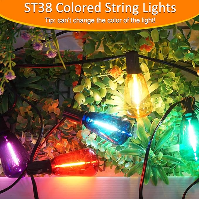Achin Colored Outdoor String Lights 100Ft LED Multicolor Patio Lights with 55pcs ST38 Colorful Shatterproof Bulbs Rainbow String Lights for Bistro Christmas