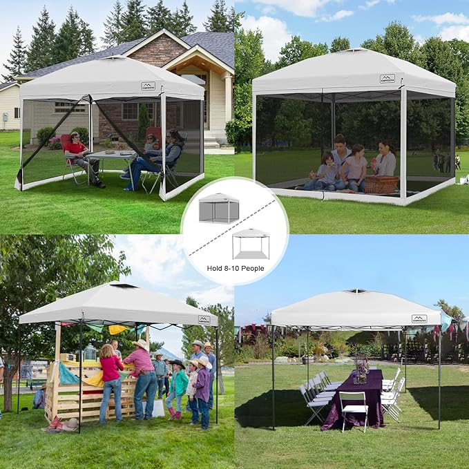 KAMPKEEPER 10x10 Pop Up Canopy with Mosquito Netting,Instant Outdoor Screen Tent Sun Shade for Events Patio Camping Picnic,Gazebo with 4 Sandbags,1 Wheeled Bag(White)