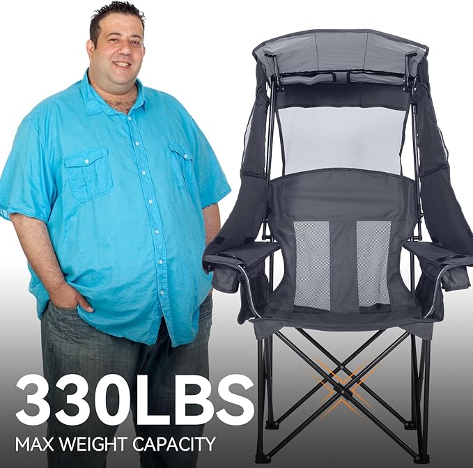 Camping Chair with Canopy Shade - Folding Beach Chair with UPF 50+ Sun Shade, Cup Holder, Side Pocket, Portable Sports Chair for Adults Support 330 LBS, Fishing Camp Outdoor Lawn Chair - Grey