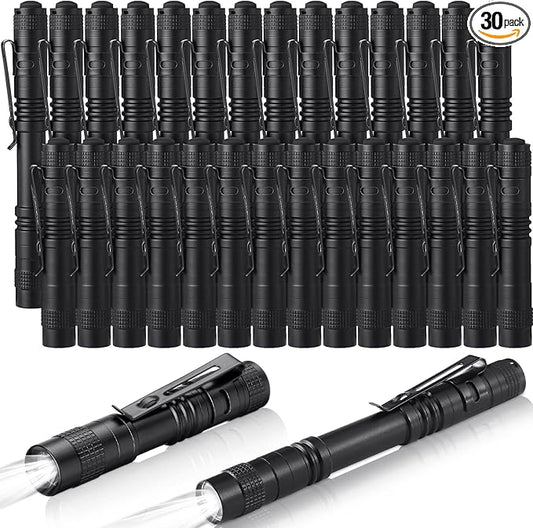 Zhehao 30 Pcs Mini Led Flashlight Bright Aluminum Penlight Flashlights with Clip Small Water Resistant Pocket Flash Light for Night Reading Emergency Hurricane(White Light, 3.5 inch, 5.2 inch)