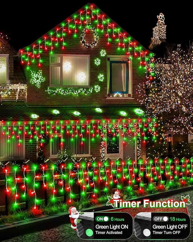 159 FT Christmas Lights Outdoor, 1458 LED Waterproof Outside Christmas Lights Plug in, Timer & Memory, 8 Modes Fairy Lights with 324 Drops for House Eaves Yard Patio Decorations, Red and Green