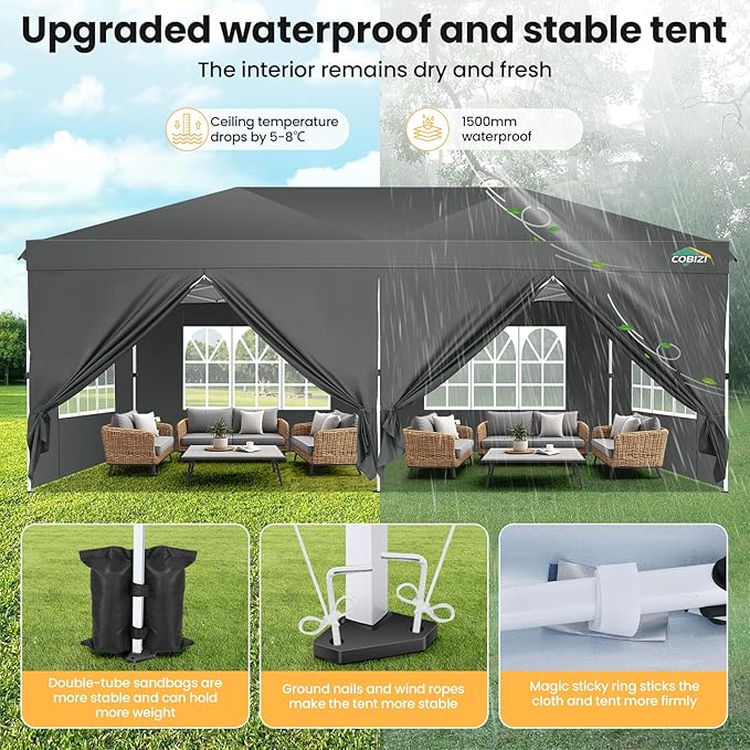 COBIZI 10x20 Pop Up Canopy Tent with 6 Removable Sidewalls,Waterproof & UV 50+ Easy Up Canopy,Commercial Gazebo with Air Vent,4 Sand Bags,4 Stakes & 8 Ropes,Tents for Parties/Camping/Backyard,Gray