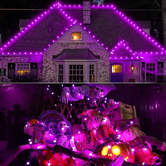 Brizled Purple Halloween Lights, 24.67ft 70 LED G12 Halloween String Lights, 120V Plugin Connectable Halloween Lights Green Wire Purple Lights for Halloween Christmas Tree Room Outdoor Indoor Decor