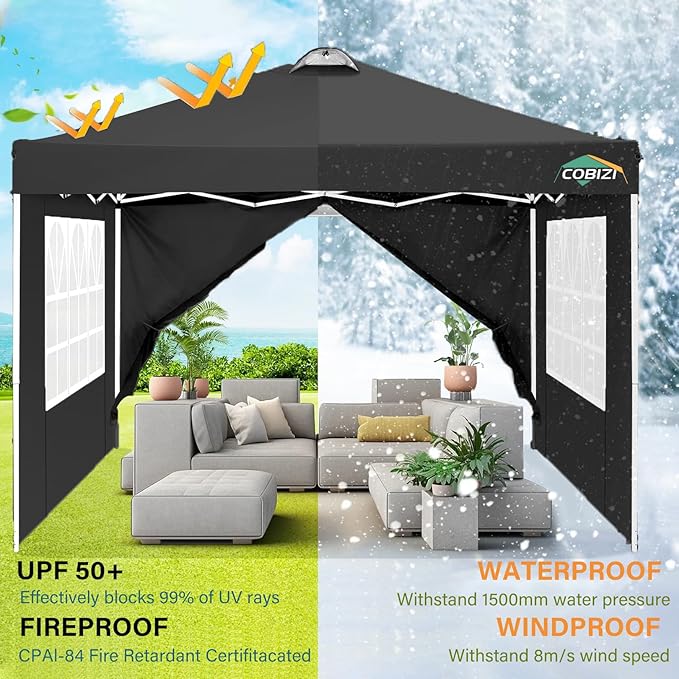 COBlZI 10x10 Pop Up Canopy Tent with 4 Removable Sidewalls，One Push Setup Waterproof Commercial Gazebo Tent with Air Vent, 4 Sandbags，4 Stakes & 8 Ropes（Tents for Party/Exhibition-Black