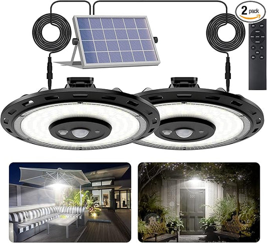 Dual Head Solar Lights Indoor Outdoor, 3000LM Solar Shed Light, IP65 Waterproof Pendant Lights Motion Sensor, Remote for Barn Patio Chicken Coop Gazebo Garage Security Lighting