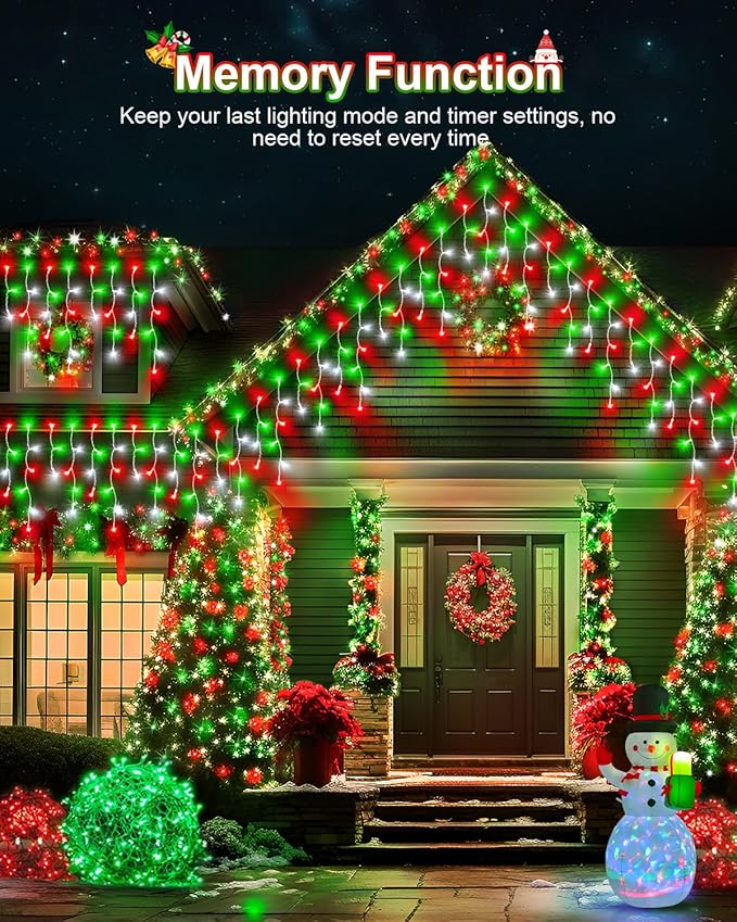 Christmas Lights Outdoor, 53 FT 486 LED Christmas Lights for Outside, Timer & Memory, Plug in 8 Modes Hanging Fairy Light with 108 Drops for House Eaves Yard Patio Decorations, Red Green and White