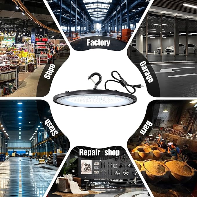 150W LED High Bay Lights with US Plug, 21000LM High Bay LED Shop Light, 5000K Daylight, IP65 Waterproof, UFO Commercial Warehouse Workshop Factory Barn Garage Lighting 4 Pack