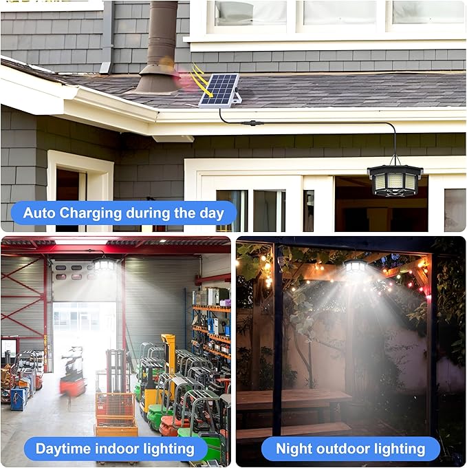 2 Pack Solar Shed Light Indoor Outdoor 1200LM Solar Powered Pendant Daywork Light 288LED 8-Faces Motion Sensor with 5 Lighting Modes & Remote Control for Gazebo Garage Patio Barn Shed House
