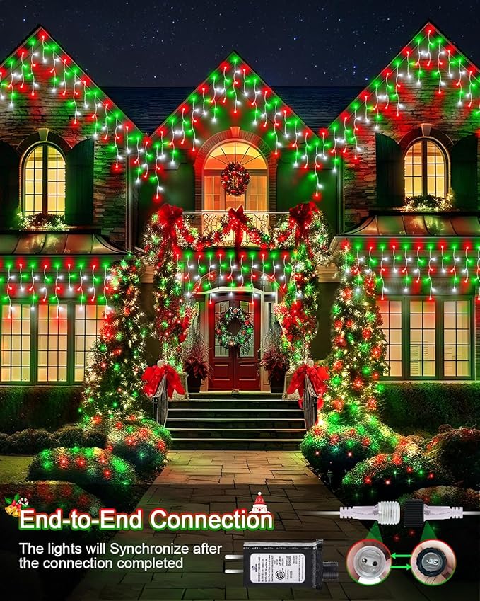 Christmas Lights Outdoor, 53 FT 486 LED Christmas Lights for Outside, Timer & Memory, Plug in 8 Modes Hanging Fairy Light with 108 Drops for House Eaves Yard Patio Decorations, Red Green and White