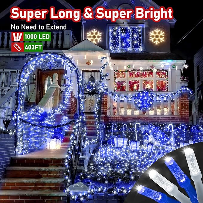 XURISEN Upgraded 403FT 1000 LED Christmas Lights Outdoor, Super Long String Lights 8 Modes & Memory Timer Plug in Fairy Lights for Home Xmas Tree Party Wedding Decor -Blue and White