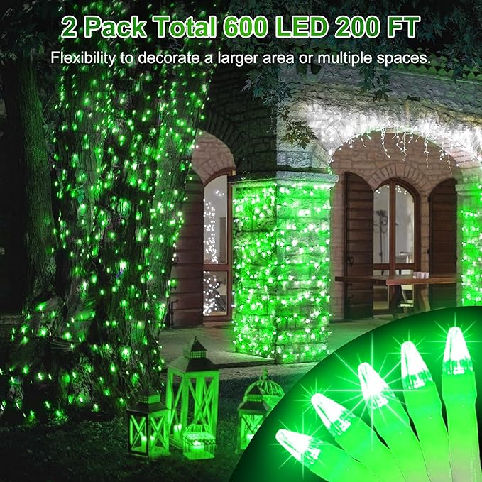 2 Pack Total 200FT 600 LED Christmas String Lights, Fairy Tree Lights Indoor Outdoor Connectable, 8 Modes & Timer LED String Lights for Bedroom, Home, Tree, Yard, Door, Wedding, Xmas Decore(Green)