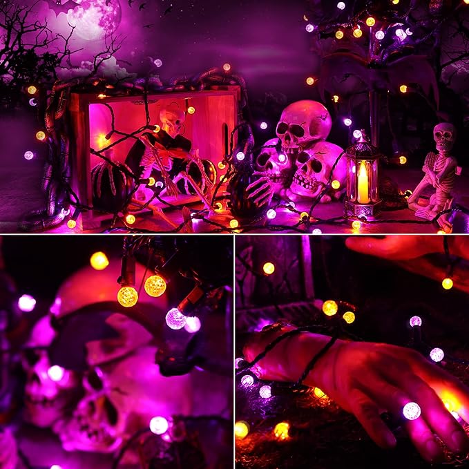 Brizled Purple Orange Halloween Lights, 24.67ft 70 LED G12 Halloween String Lights Outdoor, 120V Plugin Purple Orange Lights Connectable Halloween Light Set for Halloween Tree Outdoor Indoor Decor