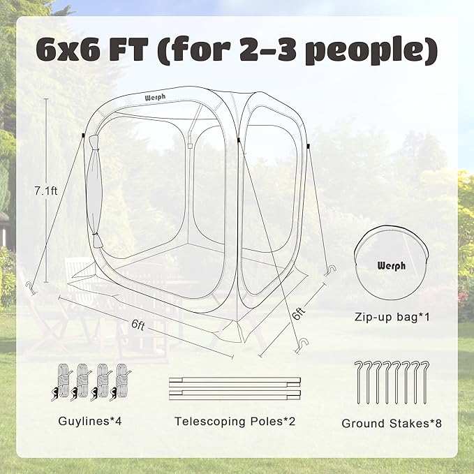 Pop Up Tent，Portable Canopy Tent with Mesh Mosquito Net, Screen House Room Canopy Shade Screen 6 x 6 FT with Carry Bag for Patio, Backyard, Sports & Outdoors Activities, Green