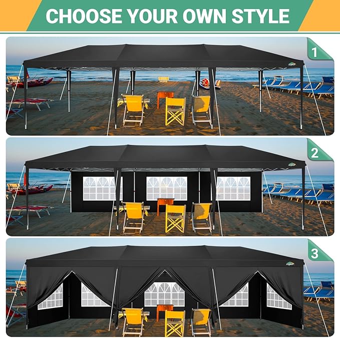 COBIZI 10x30 Pop Up Canopy Tent for Parties with 8 Sidewalls Waterproof Commercial Instant Canopy 10x30 Party Tent for Backyard, Wedding Portable Outdoor Gazebo with Carrybag&4 Sandbags(Black