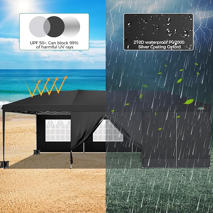 COBIZI 10x30 Pop Up Canopy Tent for Parties with 8 Sidewalls Waterproof Commercial Instant Canopy 10x30 Party Tent for Backyard, Wedding Portable Outdoor Gazebo with Carrybag&4 Sandbags(Black