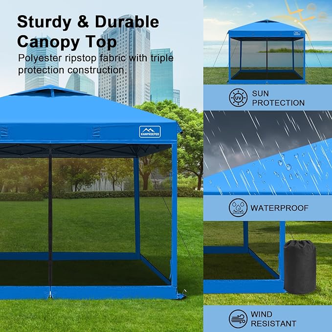 KAMPKEEPER 10x10 Pop Up Canopy with Mosquito Netting,Instant Outdoor Screen Tent Sun Shade for Events Patio Camping Picnic,Gazebo with 4 Sandbags,1 Wheeled Bag(Light Blue)