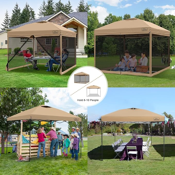 KAMPKEEPER 10x10 Pop Up Canopy with Mosquito Netting,Instant Outdoor Screen Tent Sun Shade for Events Patio Camping Picnic,Gazebo with 4 Sandbags,1 Wheeled Bag(Khaki)