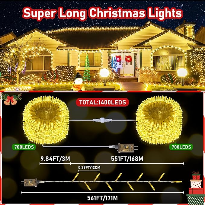 XURISEN Upgraded 561FT 1400 LED String Christmas Lights Outdoor, Super Long Fairy Lights 8 Modes & Memory Timer Plug in for Home Xmas Tree Party Wedding Decor -Warm White