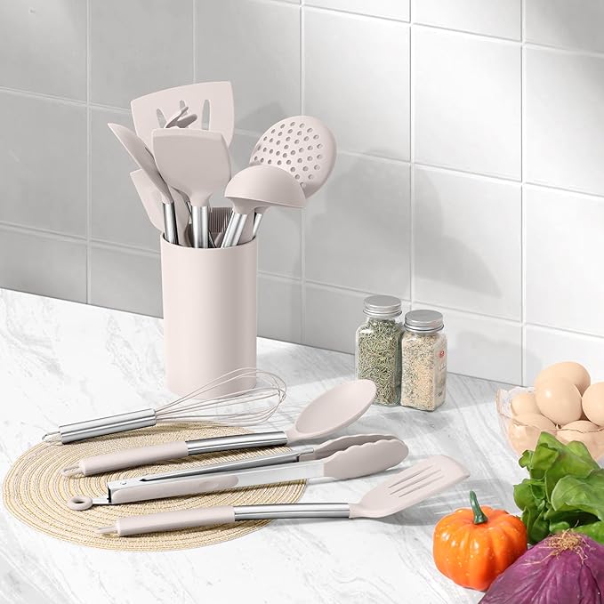 LIANYU 15 Pcs Kitchen Cooking Utensils Set with Holder, Silicone Kitchen Tools with Stainless Steel Handle, Heat Resistant Gadgets, Brush Spatula Spoon Whisk for Cookware, Dishwasher Safe, Khaki