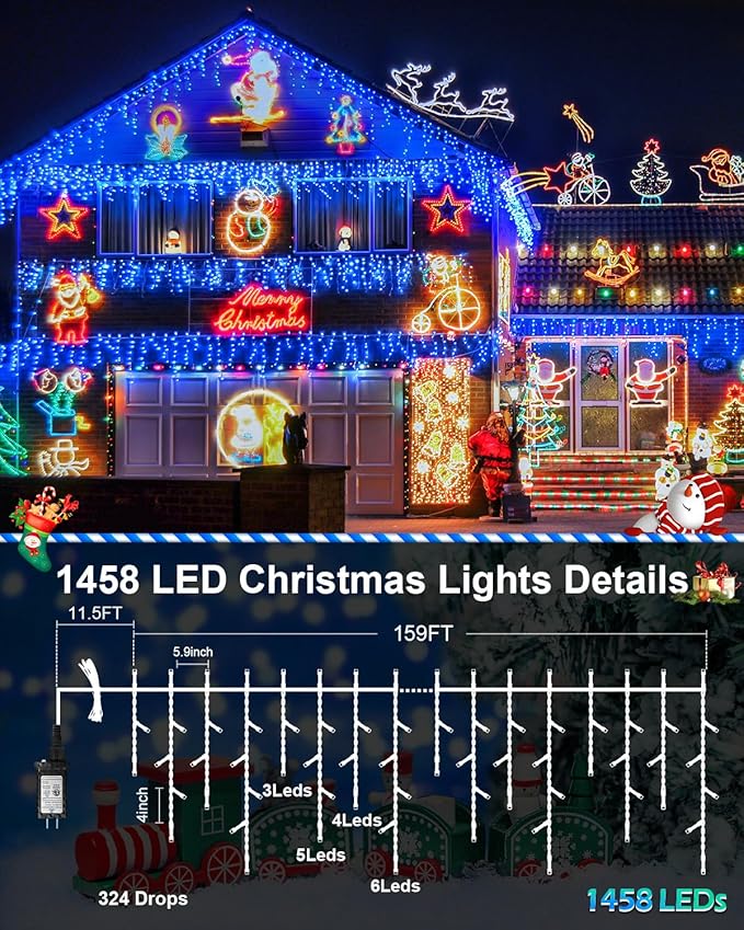159 FT Christmas Lights Outdoor, 1458 LED Waterproof Outside Plug-in, Timer & Memory, 8 Modes Fairy Lights With 324 Drops for House Eaves Yard Patio Wedding Decorations, Blue
