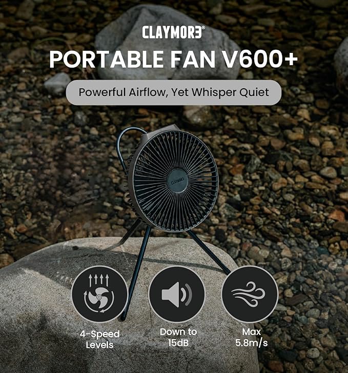 Claymore V600+ Rechargeable Camping Fan (Warm Grey) – 7,800 mAh Battery Operated Portable Fan for Indoor & Outdoor Use, 4-Speed Quiet Air Circulator, USB‑C Charging, Timer, Carry Pouch Included