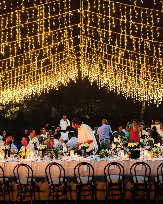 159 FT Christmas Lights Outdoor, 1458 LED Waterproof Outside Christmas Lights Plug in, Timer & Memory, 8 Modes Fairy Lights with 324 Drops for House Eaves Yard Patio Wedding Decorations, Warm White