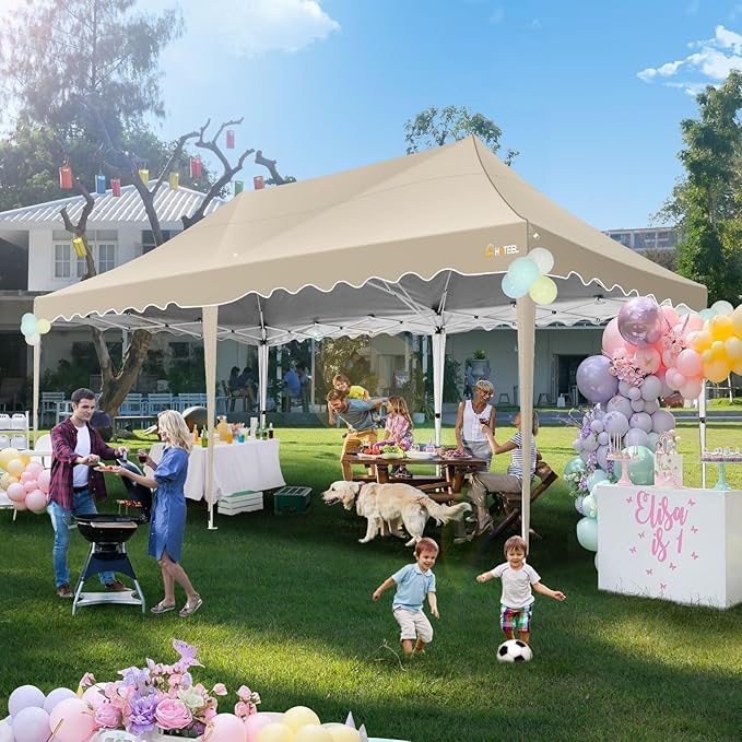 HOTEEL 10×20 Pop Up Canopy, Canopy Tent UV 50+ and Waterproof, Thickened Frame, Large Space Easy Pop Up Canopy, Outdoor Canopy for Weddings, Beaches, Parties, Patio (Khaki)