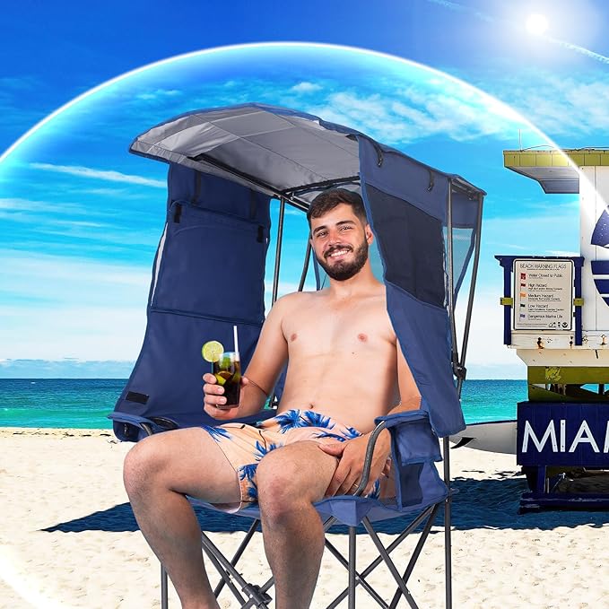 Camping Chair with Canopy Shade - Folding Beach Chair with UPF 50+ Sun Shade, Cup Holder, Side Pocket, Portable Sports Chair for Adults Support 330 LBS, Fishing Camp Outdoor Lawn Chair - Blue