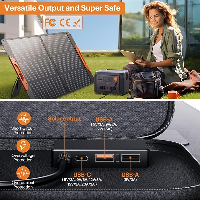100W Portable Solar Panel,Camping Essentials, 20V ETFE Foldable Solar Charger for Power Station,QC3.0 USB-A &Type-C Output,23.5% High Efficiency IP67 Waterproof for Camping RV Hurricane