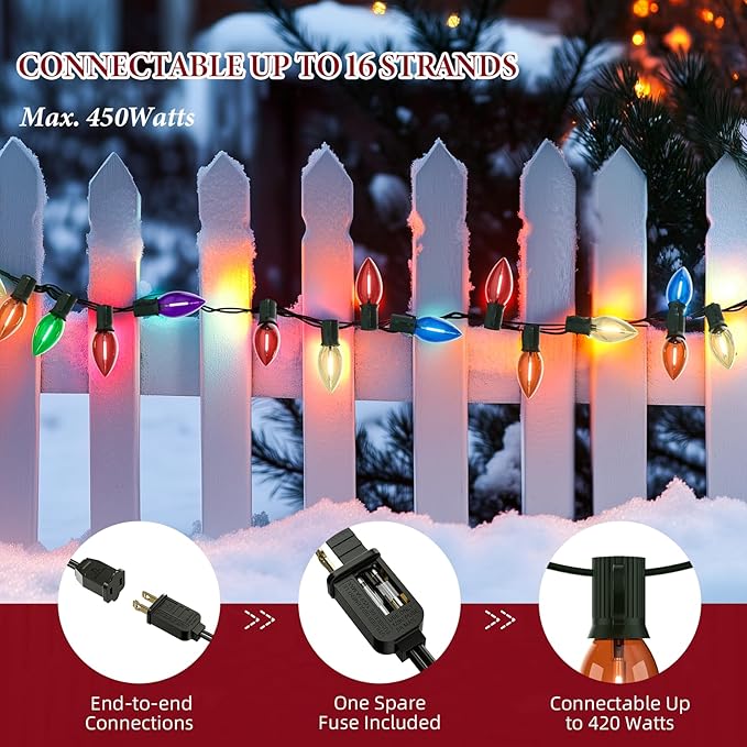 Kawaya Outdoor Christmas LED Multi-Colored Clear Tree Lights - C9 50ft, 50 Bulbs Waterproof Decor for Outside Trees, House, Walkway & Pathways