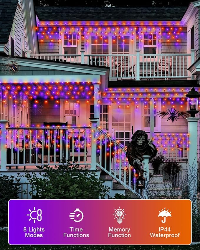 Outdoor Halloween Lights, Waterproof 53FT 486 LED Hanging String Lights with 108 Drops, 8 Modes Timer, Connectable Plug-in Outside Lights for Party Eaves Yard Decorations, Purple and Orange